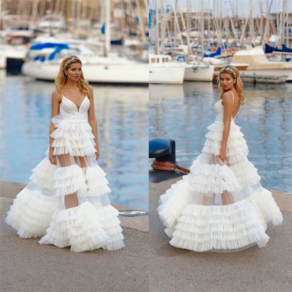 

spaghetti strap beach wedding dresses a-line illusion ruched tiered tulle bridal gown backless custom made long country bridal dress, White