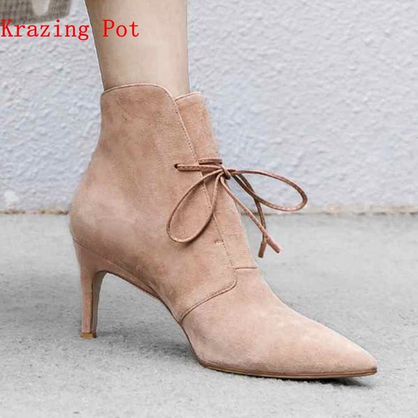 

krazing pot new sheep suede lace up boots stiletto high heels streetwear pointed toe model catwalk women ankle boots l31, Black
