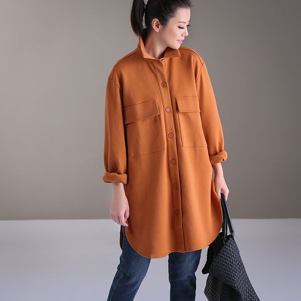 

micoco w9056 literature and art simple large pocket turn collar split mid - long style shirt jacket, Black;brown