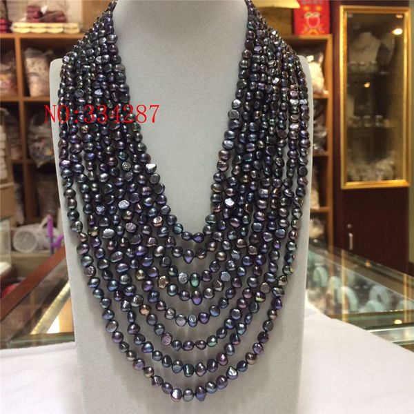 

new 6-7mm 17"-24" 8row baroque natural freshwater pearls silver color black pearls necklace
