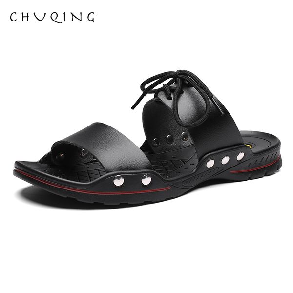 

chuqing casual 2020 men sandals leather slippers summer flip flops beach men shoes, Black