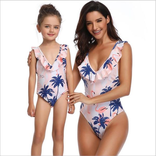

new bikini set mother daughter swimsuit family matching clothes family look dress mommy and me clothes print nylon mom swimsuit y200713, Blue