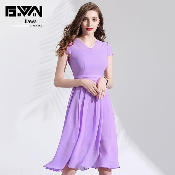 

ixe5h gavana summer skirtdress chiffon skirt 2019 new women's short-sleeved v-neck pink purple dress elegant slimming chiffon skirt mid, Black;gray