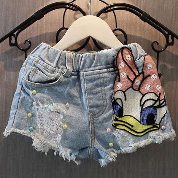 

children's cartoon denim shorts 2020 new children's and beaded jeans wear girl's pierced denim shorts beaded cute jeans, Blue