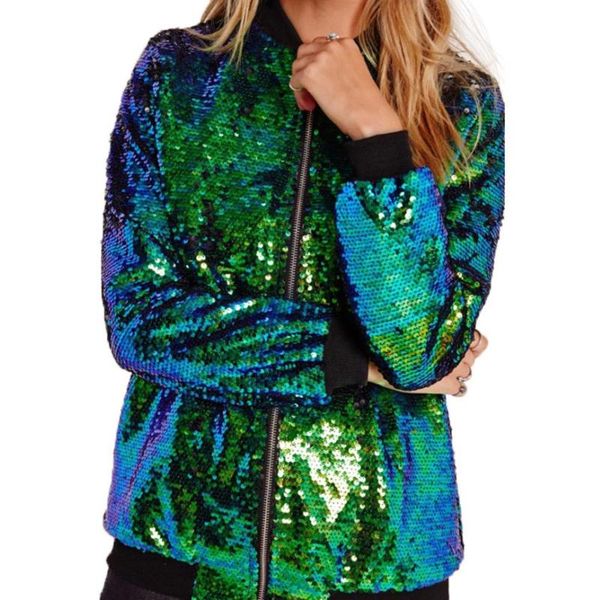 

women autumn long sleeve stand collar loose shiny sequins zipper coat jacket casual loose shiny sequins zipper coat jacket women, Black;brown