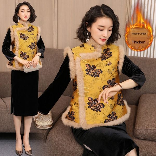 

winter short improved rabbit fur collar cheongsam vest coat women's buckle jacquard clip cotton-padded jacket vest coat, Black;white