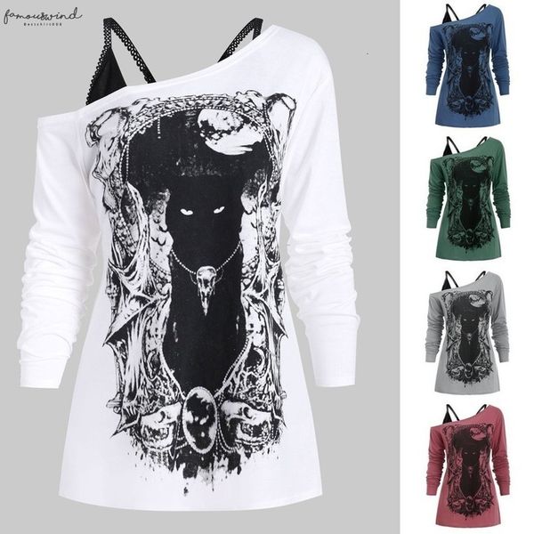 

fashion blouse women shirt skew neck cold shoulder cartoon print gothic tee with cap sleeve cami women z4, White