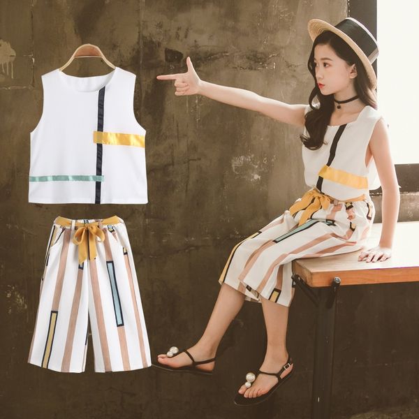 

lx6ce girls korean casual summer dress sleeveless two-piece color bar vertical stripe chiffon capri girl korean suit pants student sports su