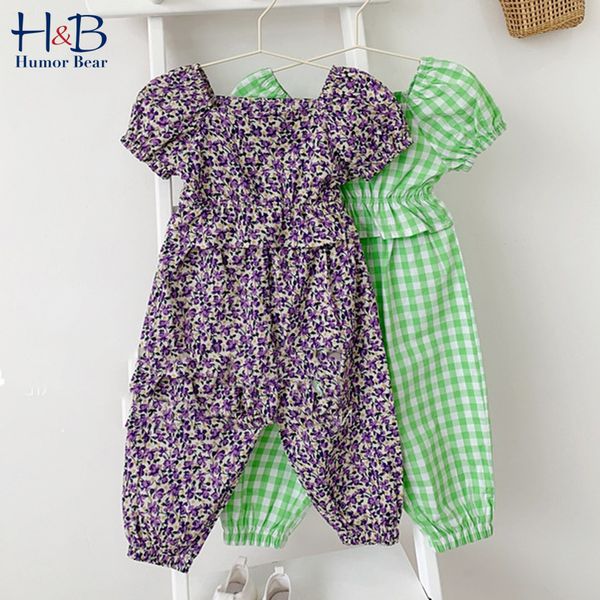 

humor bear girls' suit plaid floral u-neck + trousers 20 summer dress new european&american style 3-8 year clothing sets, White