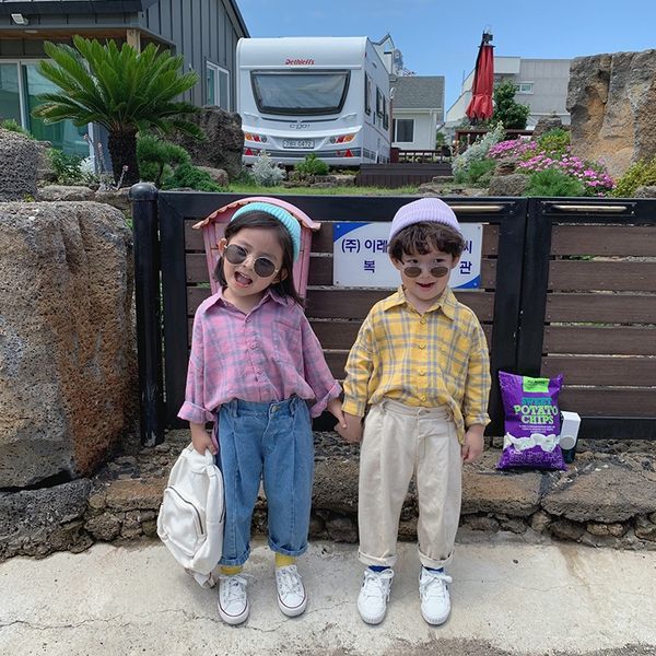 

children's plaid 2019 autumn new children's boys and girls korean shirt shirt style long sleeve brushed lapel top, White;black