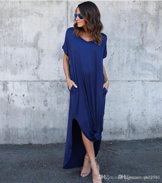 

women dress cotton blend deep v-neck short sleevel pocket solid color split sling lady long mermaid casual loose dresses skirt size s-xl d3, Black;gray