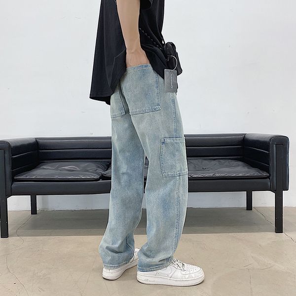 

men's jeans loose men straight leg cargo many pockets blue black color big size xxxl 4xl 5xl casual denim pants
