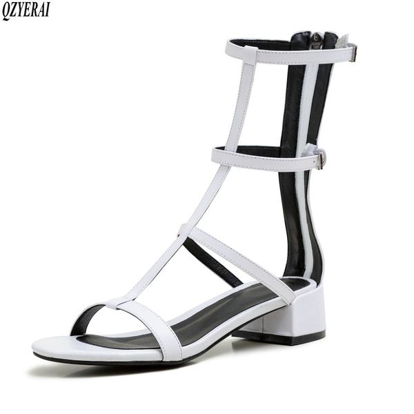 

sandals summer 100% genuine leather the female high roman style cowhide women's shoes, Black