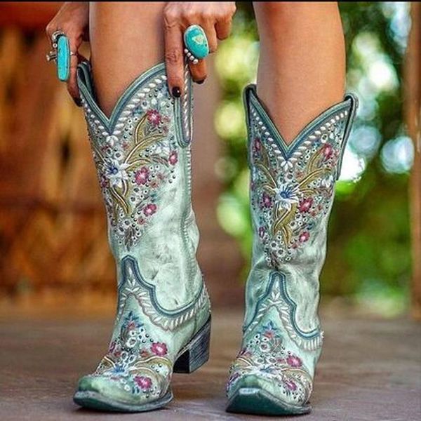 

women's mid-calf boots woman thick high embroidery shoes ladies pointed toe mid heels women footwear plus size 43 female pumps, Black