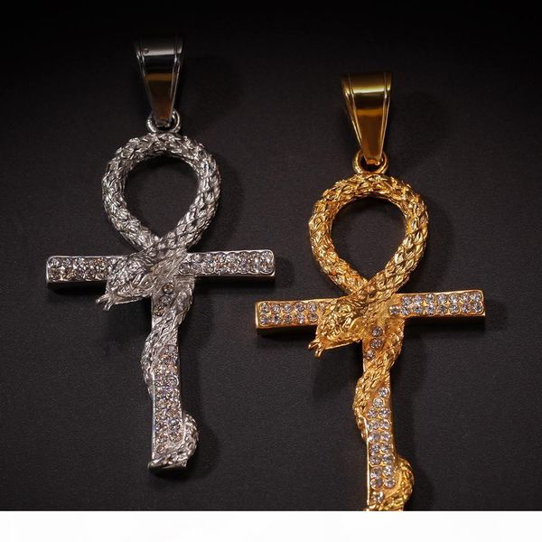

l hip hop stainless steel diamond anhe key pendant serpentine winding cross pendant street dance rap wear jewelry, Silver