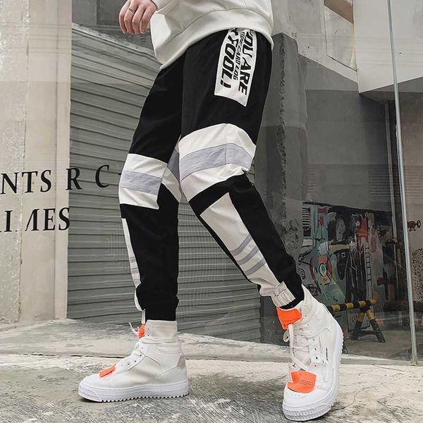 

spring new hip hop streetwear men harem cargo pants korean jogger sweatpants splice reflective ankle length trousers techwear, Black