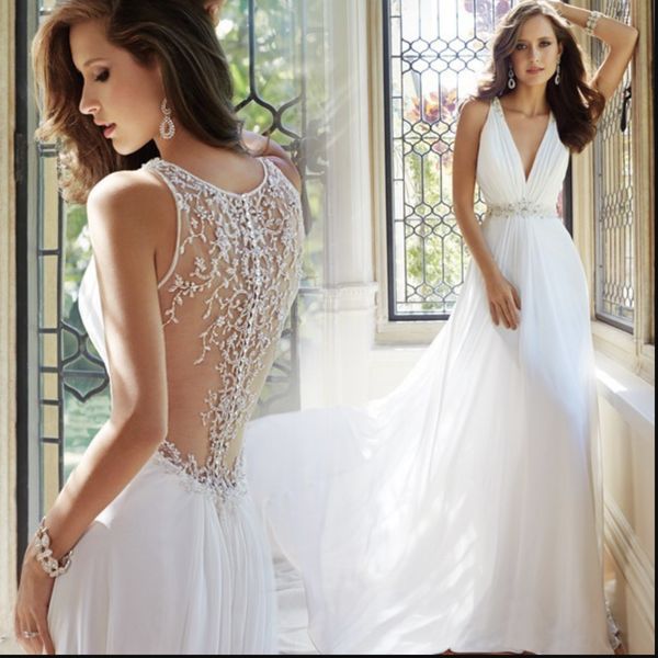 

classic white boho wedding dress for marriage ceremony a-line deep v-neck party wear gown for wedding latest beaded back honeymoon dress