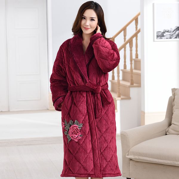 

women's sleepwear coral fleece female bathrobe thick 3 layers quilted flannel winter autumn thickening terry women robe chinese kimono, Black;red