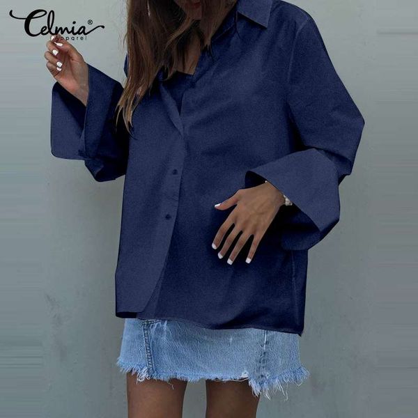 

2020 celmia fashion long sleeve shirt women lapel blouse autumn office shirts buttons casual solid blusas vintage loose, White