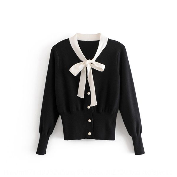

korean women's neckline bow lace-up sweater cardigan pearl buckle butterfly pearl buckle 26xc-8347, White