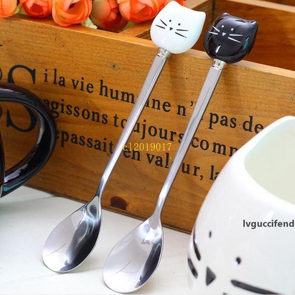 

100pcs/lot cartoon white black cat spoon stainless steel tea coffee ice cream spoons tableware decor