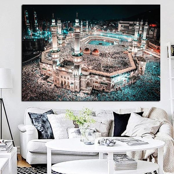 

islam pilgrimage to mecca sacred mosque night landscape canvas painting poster prints wall art pictures religious home decor