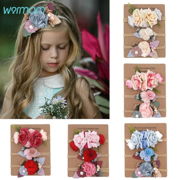 

hair accessories warmom 3pcs baby girls artificial flowers nylon headband headwear set kids princess bohemia style child gift, Slivery;white
