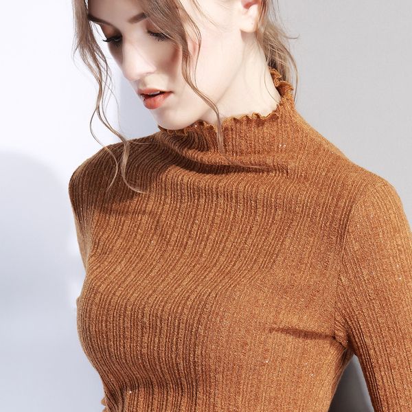 

fashion ruffles autumn winter new sweater women stretchy slim long sleeve with fleece pullover knitted jumper, White;black