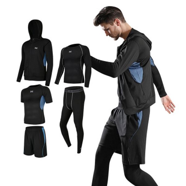 

5pcs 6pcs men tracksuit gym fitness compression sports suit clothes running jogging sport wear exercise running clothes, Black;blue
