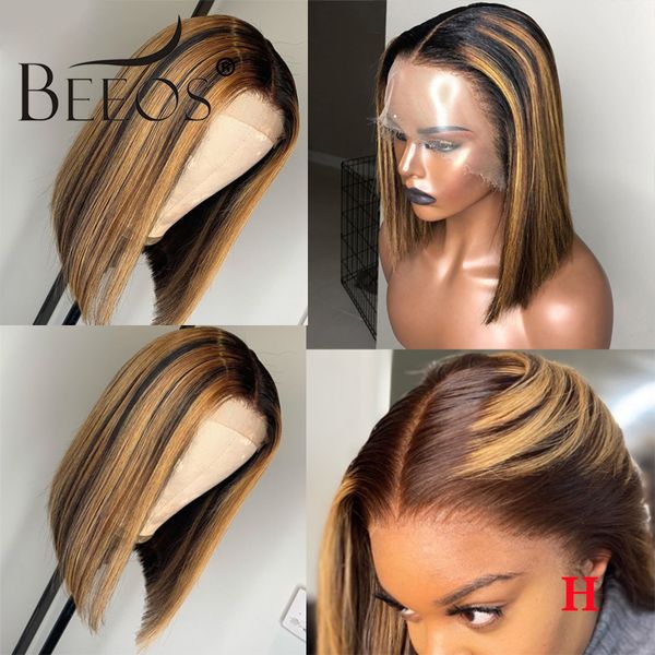

Beeos 150% 13*4 Deep Part Lace Front Human Hair Wig Straight Bob Highlight Pre Plucked Brazilian Remy Hair Bleached Knots, Medium brown