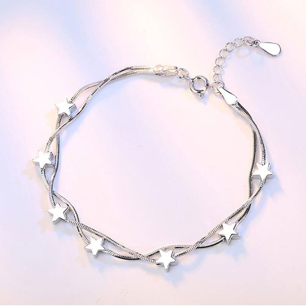 

s925 stamp silver color bracelet double chain square box star bracelet anklet for women pulseira s-b167, Black