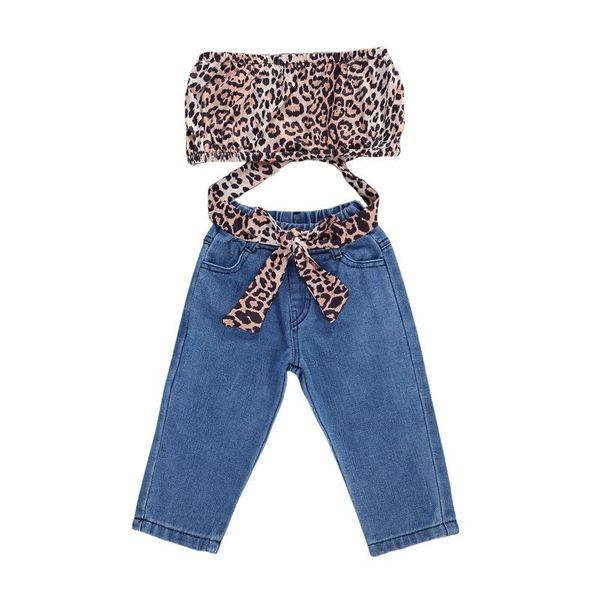 

clothing sets 0-5y baby girls clothes set kids leopard bandage tube crop + denim long pants 2pcs summer outifts 2021, White