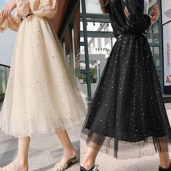 

new women korea fashion pleated elegant skirt tulle star sequined mesh skirts students tutu ladies girls formal party skirts, Black