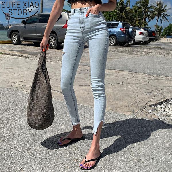 

high waist jeans woman streetwear stretch ripped hole pencil jeans skinny split light blue casual denim trousers 2020 10397