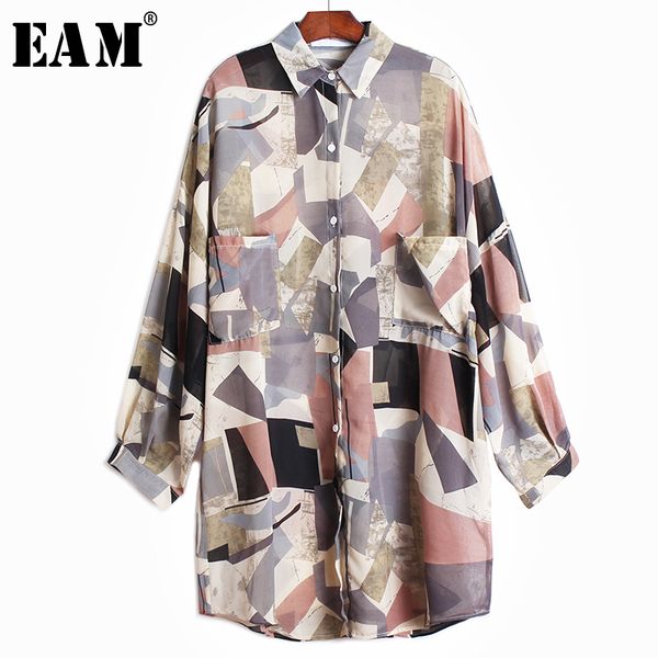 

eam] women blue pattern printed big size blouse new lapel long sleeve loose fit shirt fashion tide spring autumn2020 1w614, White