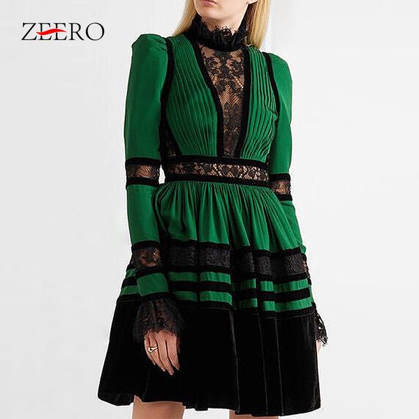 

high-end custom patchwork velvet chiffon dress women long sleeve lace party dress female plus size 2020 spring new fashion, Black;gray