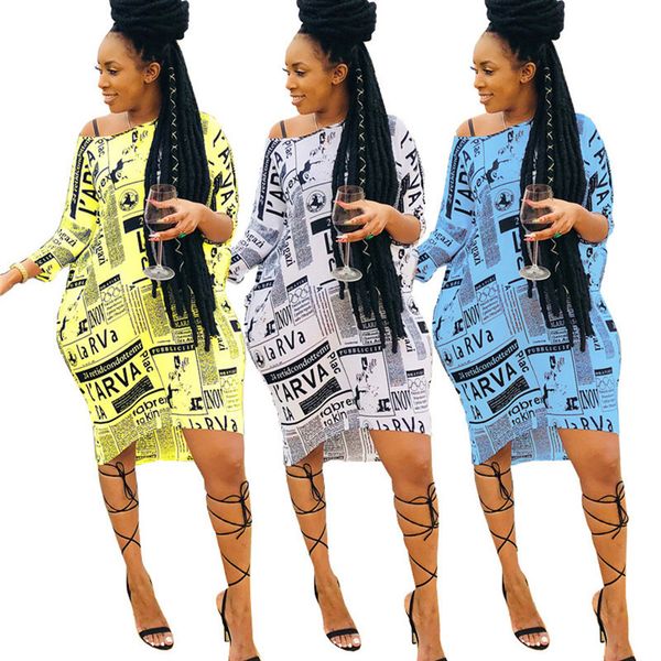 

newspaper print women dress long sleeve off shoulder dresses vintage design one-piece skirt bodycon bandage dress loose outfits s-2xl, White