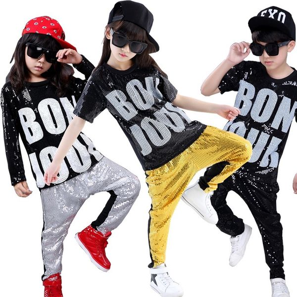 

girls boys sequins modern jazz dance outfits pants ballroom hip hop dancing suit kids adults stage wear costumes clothing, Black;red