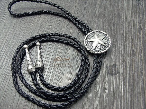 

bolo tie gold and silver color the latest retro chain pentagram round card poirot led rope leather necklace long tie hang, Black;gray