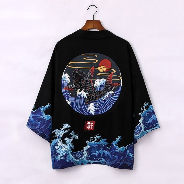 

spring and summer new robe fu shi hui wave shirt kimono kimono carp seven-quarter sleeve shirt, Tan;black