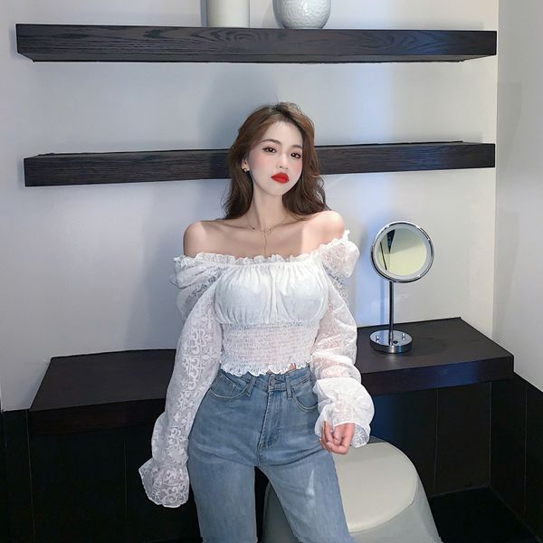 

women's blouses & shirts 2021 korean version of the word shoulder slim waist shirt, White