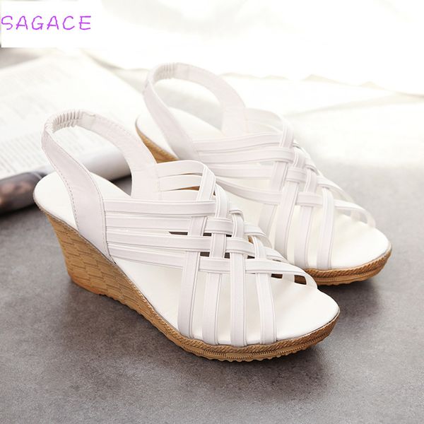 

sagace 2018 women elegant sandals for woman women's high platforms cut outs pattern checkered belt gladiator sandals y200620, Black