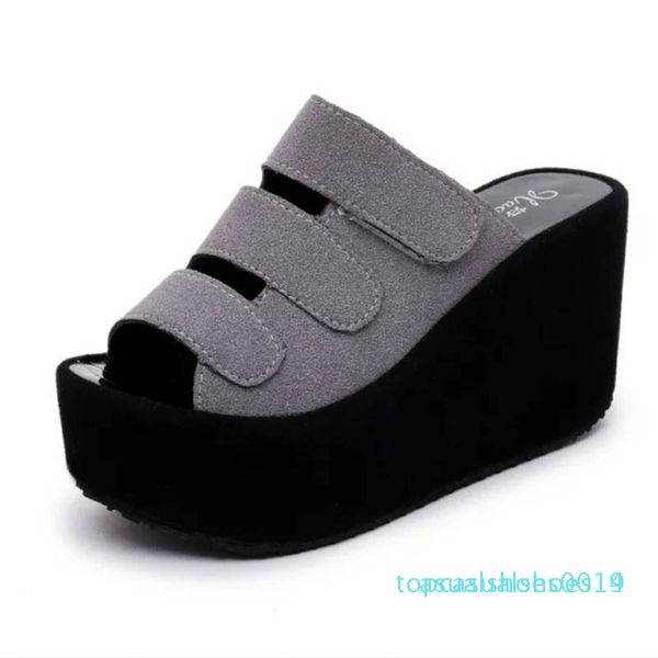 

slippers female summer 2019 new magic stickers thick bottom cake wedges with sandals matte high heel women's sandals c14, Black