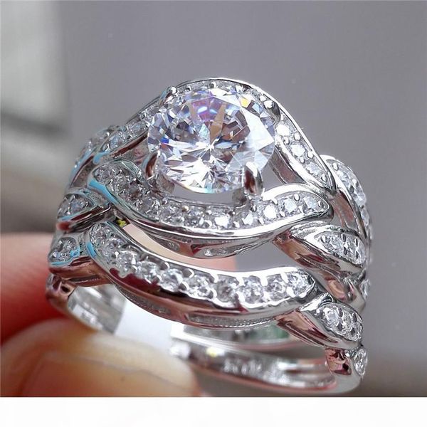 

USpecial Luxury 10KT white gold filled Paved CZ Diamond gemstone rings set 2-in-1 jewelry Eternal Wedding bride Band RING FINGER for Women