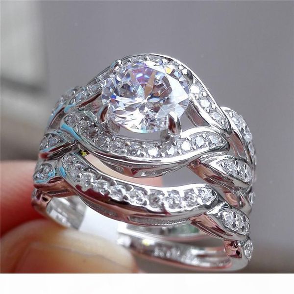 

uspecial luxury 10kt white gold filled paved cz diamond gemstone rings set 2-in-1 jewelry eternal wedding bride band ring finger for women, Slivery;golden