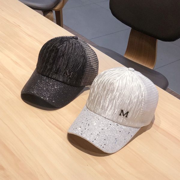 

korean fashion net hat baseball versatile baseball summer holiday sun hat net cap lace sequins youth cap, Blue;gray