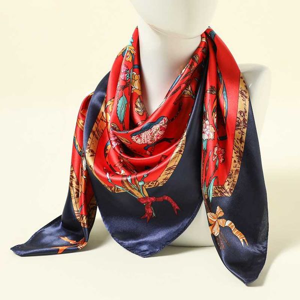 

2020 design print silk women scarf foulard hijab floral lady head scarves square shawls wraps satin bandana 90*90cm, Blue;gray