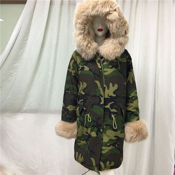 

camo printed long nude color fur real shoot jacket&video holiday/travel wear, Black