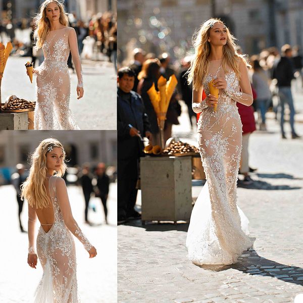 

fashion wedding dresses long sleeves lace appliques mermaid bridal gowns backless sweep train wedding dress robe de mariee, White