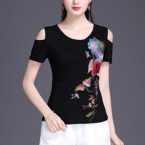 

plus size summer new female t shirts ms hand flowers short sleeve tshirt womens cotton o neck t shirt 6xl, White